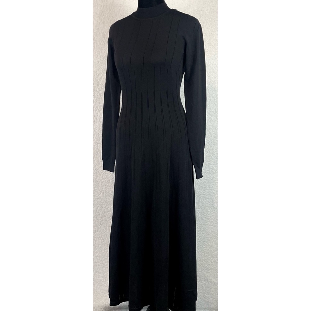 ZARA • Black Mockneck Stretch Knit Long Sleeve Midi Dress, S